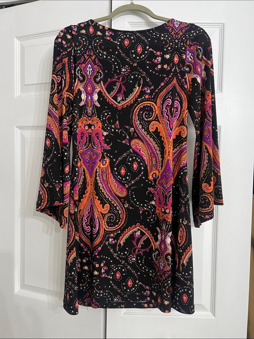 Black Long-Sleeve Paisley Shift Dress with Pink & Orange Motif